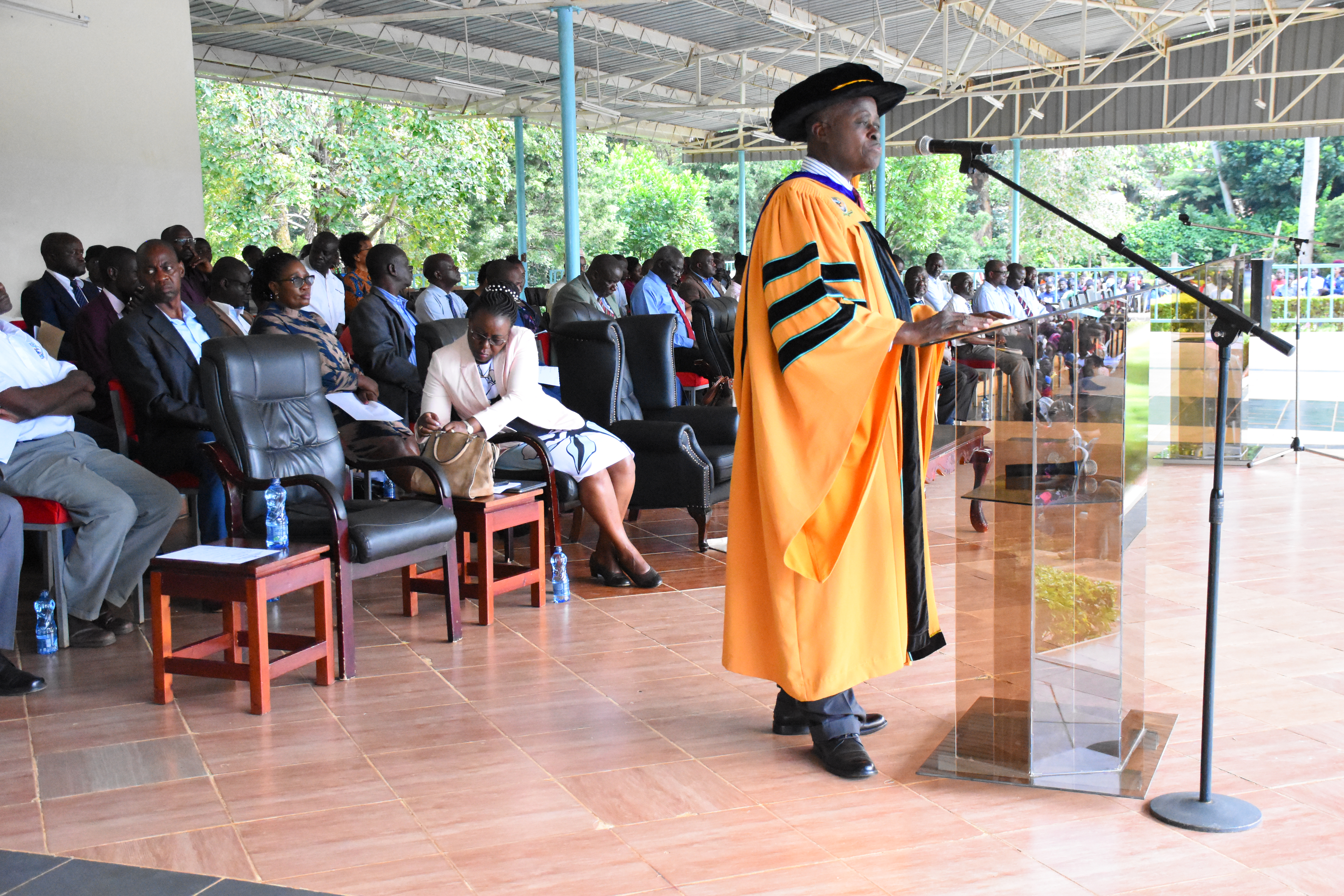 The Vice-Chancellor of Maseno University Prof. Julius Nyabundi addressing first years on Friday 30th/8/2024.